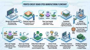 Step-by-step printed circuit board (PCB) manufacturing process flowchart showing substrate preparation to final testing.
