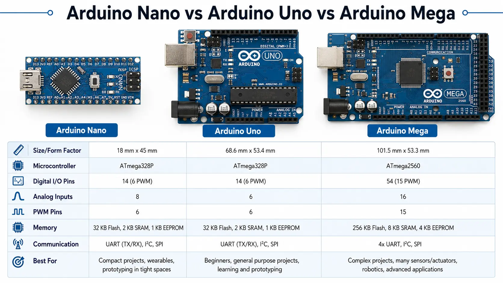Arduino Nano vs Arduino Uno and Arduino Mega