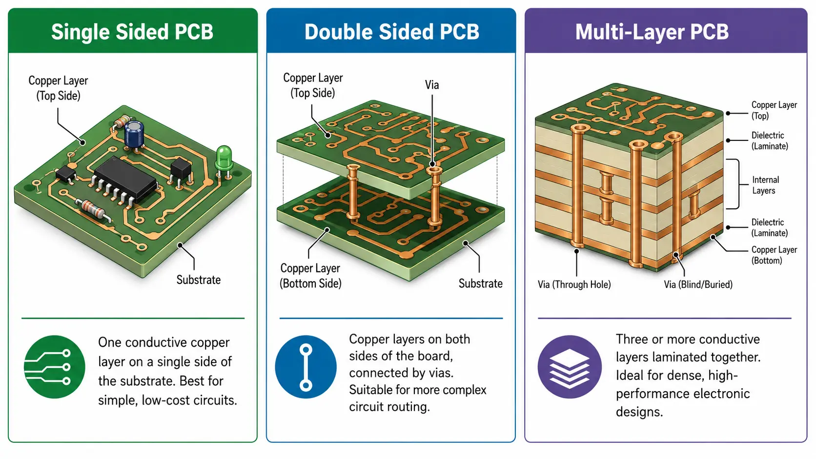 Single Sided PCB vs Double Sided PCB vs Multi-Layer PCB